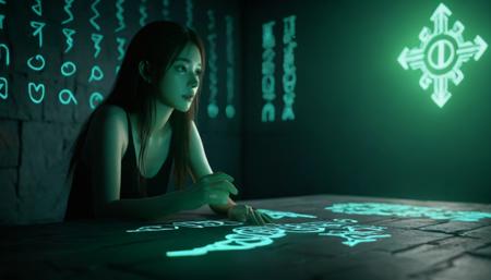 Surrounded by runes,ultra wide,octane render masterpiece,beautiful depth of field,ultra wide field,ultra detailed CG perspective,ultra dynamic lighting amazing shadows,1girl,fluorescent rune,