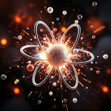 3d atoms colliding together, electrons on orbits, nucleus, explosions, fire lights