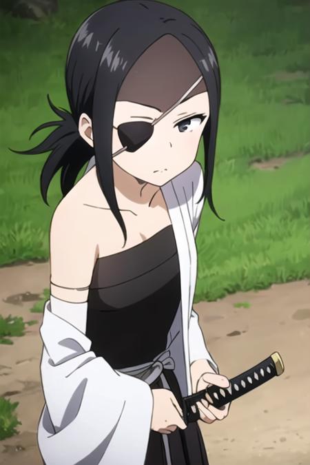 masterpiece, best quality, <lora:kunoichi_aogiri:0.7>  kunoichi_aogiri, 1girl, solo, black eyes, eyepatch, black hair, folded ponytail, looking at viewer, breastplate, black skirt, white kimono, katana, bare shoulders, delicated ilumination