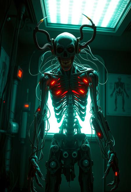 A terrifying biopunk creature, cybernetic body horror, dark room, screen glow, cables and wires, futuristic morgue with anatomical diagrams on the walls, Fleshy undead demon, red and green lighting