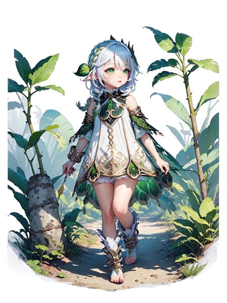 detailed illustration, kusanali,kid, white hair,white dress, green eyes,hair ornament, blush, full body, scenery, jungle <lora:nahida14:1>