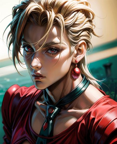 ((red clothing)), red shirt, fugojojo, Masterpiece, best quality,ultra-detailed illustration, 1boy, formal, green clothes, earrings, strawberry, depth of field,  big,depth of field, anime, necktie, red eyes, white hair, beautiful detail, realism,  <lora:fugov2-000005:1> <lora:sakimichan-v1.6-lora-naivae-newcraft:0.35>