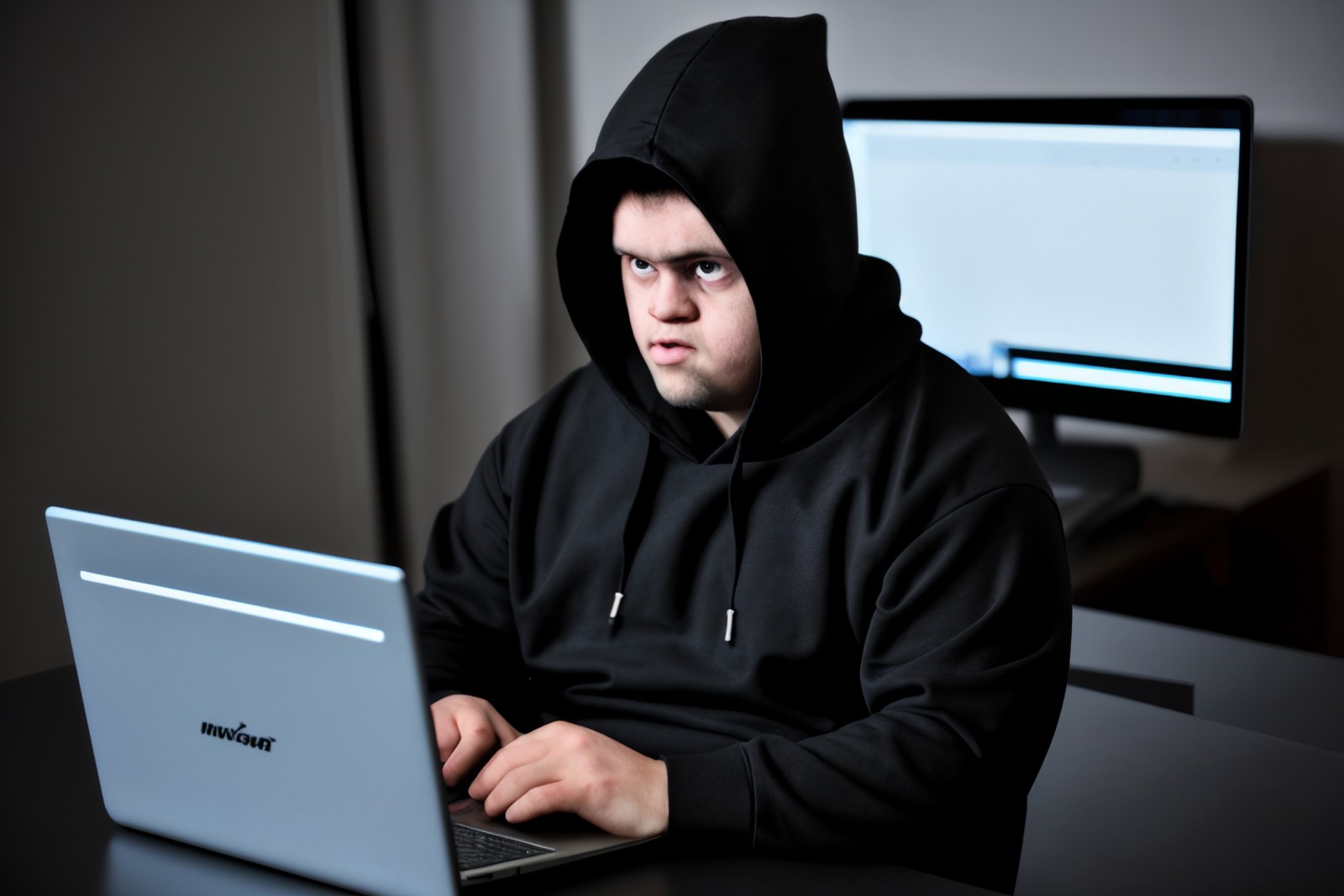 down syndrome, adult, hacker, wearing black hoodie, dark, serious, laptop, staring at screen, <lora:Chromosome_1.5:0.8>