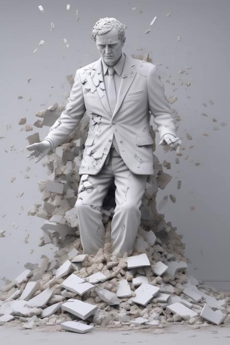 <lora:Daniel Arsham Style:1>Daniel Arsham Style - The Broken Promises Create a satirical artwork using AI that showcases a shattered statue or monument of a political figure surrounded