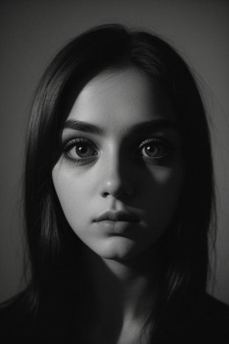 Beautiful 21 year Old woman diamond shaped face, big eyes, dark eye shadow, dark makeup, high contrast bnw photo, analog film photo, deep shadow, heavy Film grain