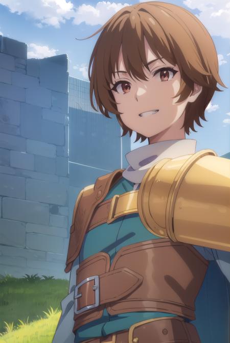 keyaru, <lora:keyaru s1-lora-nochekaiser:1>,
keyaru, short hair, (brown eyes:1.5), brown hair, male focus, smile, grin,
BREAK cape, armor,
BREAK outdoors, forest, nature, grass, trees, sun, sky, clouds,
BREAK looking at viewer, (cowboy shot:1.5),
BREAK <lyco:GoodHands-beta2:1>, (masterpiece:1.2), best quality, high resolution, unity 8k wallpaper, (illustration:0.8), (beautiful detailed eyes:1.6), extremely detailed face, perfect lighting, extremely detailed CG, (perfect hands, perfect anatomy),