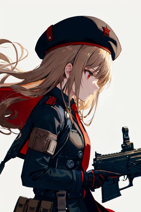 <lora:rapi_nikke:1>rapi nikke, hat, from side, black headwear, blonde hair, assault rifle, weapon, red necktie, beret, gloves, necktie, jacket, rifle, gun, black jacket, holding gun, solo, long hair, 1girl, holding, black gloves, profile, red eyes, long sleeves, holding weapon