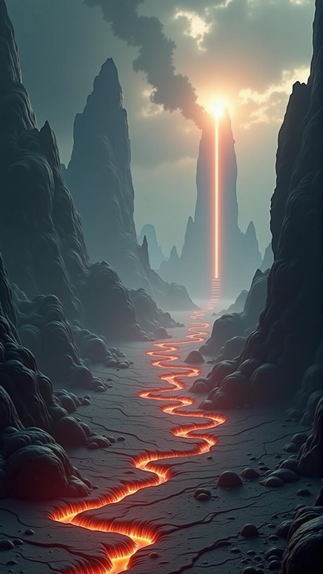 A sprawling alien landscape where the mountains are made of molten glass, constantly shifting and flowing as they rise and fall like waves on the ocean. The ground is covered in a thick layer of glowing ash that pulses with a faint, internal light, casting eerie shadows on the glass mountains. Above, the sky is filled with swirling clouds of smoke and ash, occasionally parting to reveal glimpses of a distant, glowing sun. In the distance, massive, glowing towers rise from the ash, their surfaces smooth and reflective, catching the light of the sun and casting brilliant reflections across the landscape.