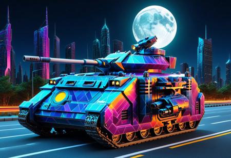 vibrant colors, shiny_skin, prefect lighting, detailed image, snoozing, masterpiece, best quality, highly detailed, ultra quality, 3DMM, Fractangles, made out of fractangles, 
(Tanks, (predtank)), 
On the road, outdoors, neon lights, glowing, city, skyscraper, building, sciencefiction, electricity, night, moon, moonlight,