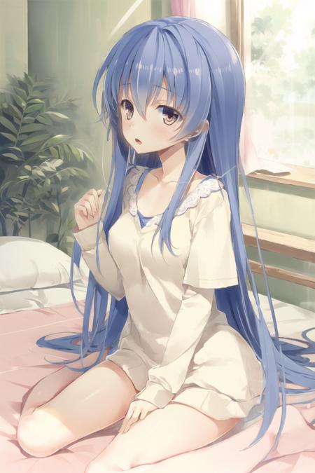 best quality,masterpiece, high res, 1girl, solo, bedroom, blue_hair, blush, indoors, light_rays, long_hair, long_shirt, looking_at_viewer, morning, open_mouth, orange_eyes, single_bare_shoulder, sitting, sleepwear, sleepy, sunbeam, sunlight, very_long_hair, waking_up, wariza
<lora:yuuki hagure:1>