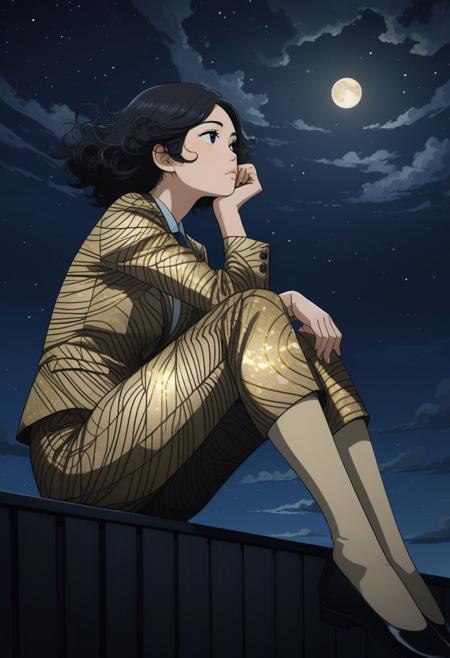 Thinking,abstract art, Tomie Kawakami, (style of Yuko Shimizu:1.3),black and pale gold, gray suit, night theme, dark sky, Full body, from below, look at the sea in the background, sitting on the cladding, girl face in dark sky,