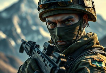 Weathered soldier, green camo, black gun, mountain dreamland backdrop. Intense gaze, dynamic pose. Matte painting, splash ink illustration, octane render, Unreal Engine 5, Raphael style, Houdini style. Vivid emotion, detailed eyes, CGSociety, Artstation trending, golden ratio, 8k, landscape, refraction, intricate detail, fractal glow, weta digital, ray tracing, insane details, elite, elegant.