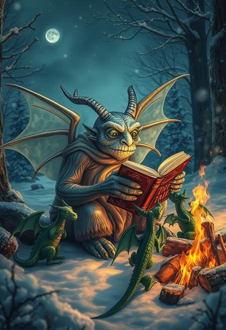 During a winter night an  very old magic creature with transparent wings low on the body, grey antennae and chubby neck  and chubby silhouette sitting nearby  a  big campfire and reading an just one huge old book of fairy tales with stylish cover with gold letters, sitting with a group of little green dragons with dark green wings , with details, snow, snowy, winter forest, vivid colors,  seen under an electron scanning microscope