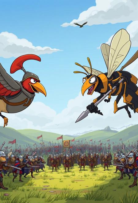 Landscape view of a battlefield, cartoon, about to face off, (birds wearing armour on left side), (wasps wearing armour on right side), flying with their respective armies behind them, carrying weapons, ((massive armies)), anthropomorphic facial expression, angry expression, picture induces humour