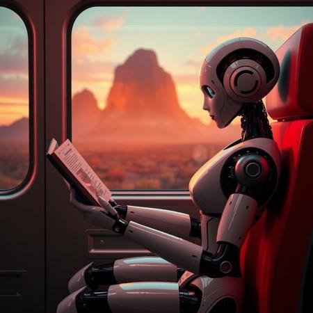 Robot humanoid woman sitting in futuristic train and reading a book "I, Robot" by Isaac Asimov", she is holding book upside down. train is passing by futuristic landscape.