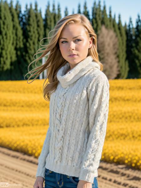 nicoleclitman, a elegant woman, on a (plowed field:1.2), wearing a (cowl-neck-sweater), (flowering-landscape), (8k, best quality, depth of field, ultra high res:1.2), (absurdres, intricate, photorealistic, masterpiece, ultra-detailed, Unreal Engine:1.3)