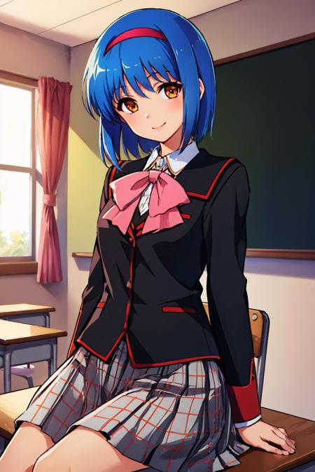 (masterpiece, best quality:1.2), solo, 1girl, nishizono mio, smile, looking at viewer, sitting, chair, hairband, school uniform, pink bow, plaid skirt, indoors, classroom <lora:littlebusters_nishizono-10:1>