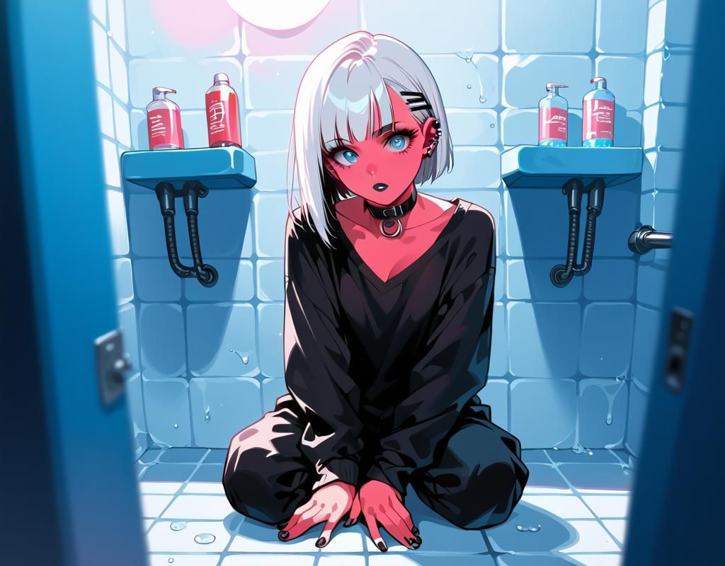 (score_9,score_8_up,score_7_up:1), 1girl, full body, above amateur angle, natural lighting, astonished, (goth, black lipstick, silver jewelry, silver piercings, black mascara, black eyeshadow), <lora:bigSaggyBreastsPony2:1>, (skinny), white hair red highlights,choker, eyeshadow, (alabaster glowing skin), (kneeling), junk bathroom, (black jumpsuit), <lora:Synthwave_Galaxy__Pony:1> synthwave-galaxy