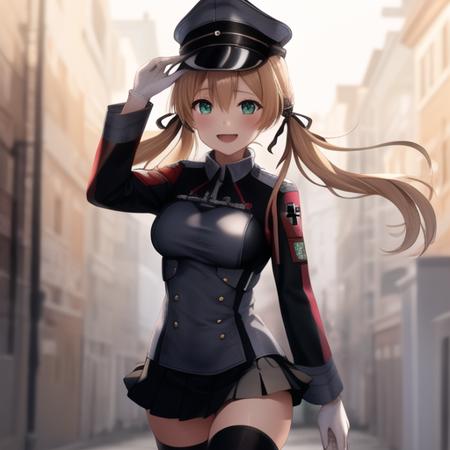 (masterpiece, best quality:1.2),illustration,8k,hd,1girl,solo,hat,blonde hair,twintails,uniform,gloves,hair ornament,military uniform,anchor hair ornament,peaked cap,white gloves,low twintails,iron cross,breasts,smile,long sleeves,military hat,long hair,green eyes,aqua eyes,microskirt,black thighhighs,black skirt,pleated skirt,<lora:Prinz Eugen-V1:0.8>,