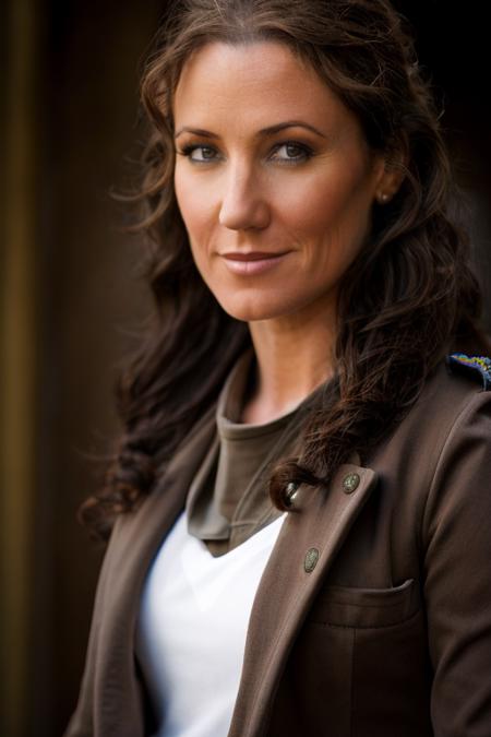 paratrooper costume ,  observatory , evening  <lora:Orla_Brady:1> masterpiece, best quality, detailed face,, 1girl, solo, a mature o1873b, brown_eyes, realistic, brown_hair, long_hair, posing,