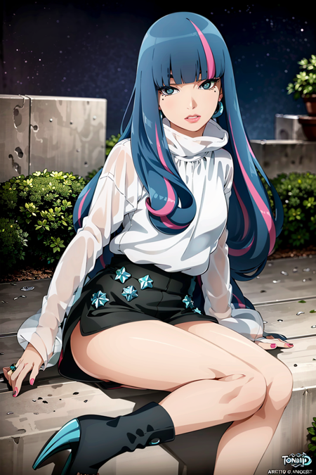 ((best quality)), ((highly detailed)), masterpiece, ((official art)), detailed face, beautiful face, (detailed eyes:1.3, deep eyes), (eida), long hair, looking at viewer, bangs, blue eyes, shirt, long sleeves, jewelry, very long hair, blue hair, full body, (sitting),white shirt, pink hair, multicolored hair, earrings, boots, shorts, blunt bangs, star (symbol), (sky), (night), outdours, nail polish, black footwear,  high heels, streaked hair,  black shorts, border, ring, high heel boots,dynamic pose, dynamic angle, fashion,best quality, masterpiece, intricate details, tonemapping, sharp focus, hyper detailed, trending on Artstation,1 girl, solo,best quality, masterpiece, intricate details, tonemapping, sharp focus, hyper detailed, trending on Artstation,1 girl, solo