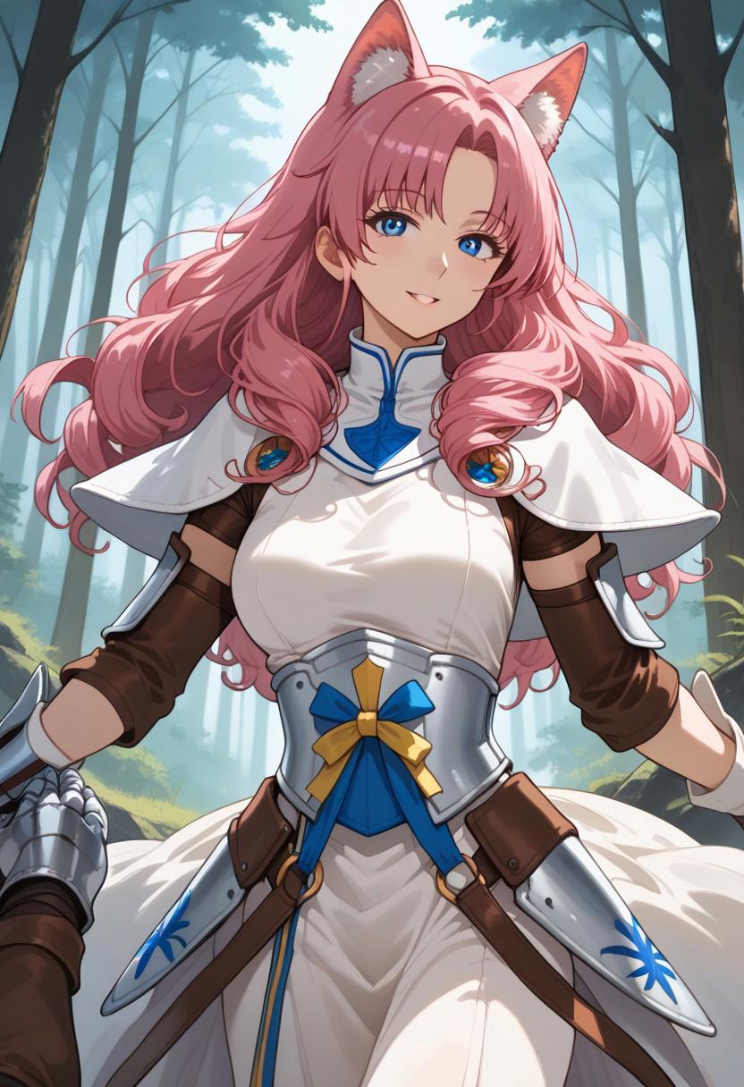 1woman, long hair, pink hair, curly hair, blue eyes, wolf ears, priestess, leather armor, white dress, gauntlets, fur trim, forest