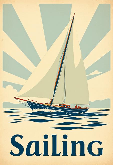 graphical art, sailboat, poster design, text "Sailing", vintage retro style, art deco, travel poster, sailing,