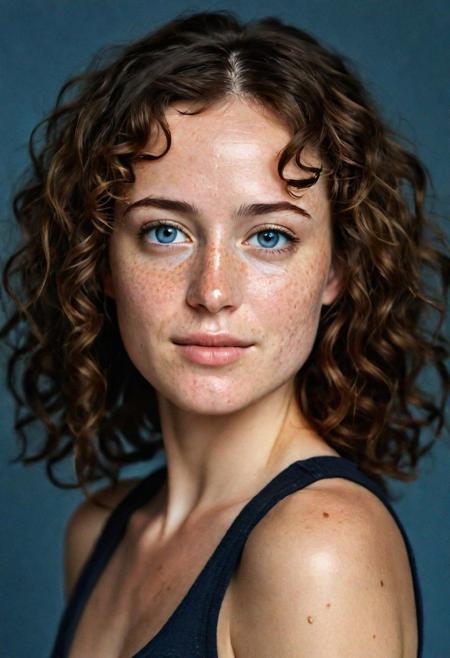highly detailed photograph of attractive, bright-eyed mid 30s woman with long, tight curly brunette hair with dimensional highlights. looking at camera, bright eyes, accented with light makeup and natural eyebrows. The lighting should be soft, focusing on her face to highlight her calm and friendly, inviting expression, exuding elegance and natural grace.  Her hazel eyes are accentuated by tasteful makeup, with a few light freckles across her nose and cheeks. She wears a black tank top and fitted blue jeans, covering her figure and suggesting a blend of casual refinement. The lighting should illuminate her face against a subdued background, emphasizing her calm and confident expression. High Fashion, dynamic, dramatic, elegant, High fashion Vogue cover Dramatic photography, supermodel, avant garde style32k uhd --ar 73:97 --stylize 750 --v 6