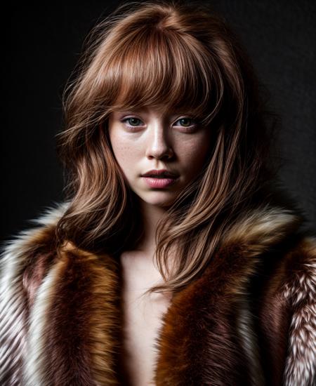 a portrait of a beautiful Strawberry Blonde haired woman, fur coat, disco aesthetic, very detailed, ultra sharp focus Fujifilm XF 23mm f/1.4 R, Fujifilm GFX 100S, (photo realistic:1.2), award winning photograph <lora:insanobot:1>