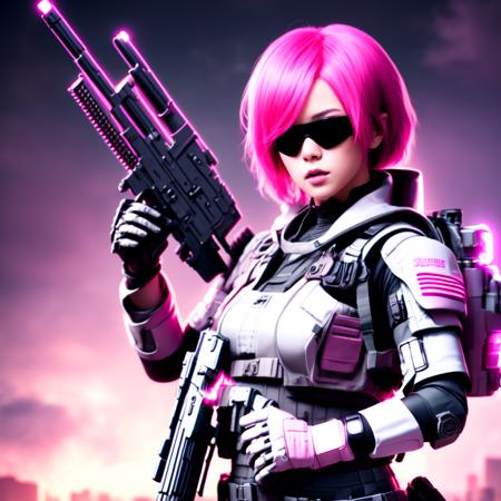 (CyberAngelSoldier style:1) pink hair holding a machine gun <lora:djzCyberAngelSoldierV21:0.8>