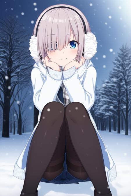 masterpiece,bast quality,official art,8K wallpaper,game cg,isuzurencoat \(magiarecord\),1girl, solo, white hair, blue eyes,light blue snowflake scarf, skirt,white earmuffs, hair over one eye, black pantyhose,black pantyhose,white coat,blue shirt, standing, long sleeves, snowflake skirt, short hair, smile, looking at viewer,snowing,tree,sitting,crossed legs,hands on own knee, <lora:ringcoat2:1:1,0.1,0.1,0.1,0.1,0,0,0,0.7,0.9,0.9,0,0,0,0,0,0>