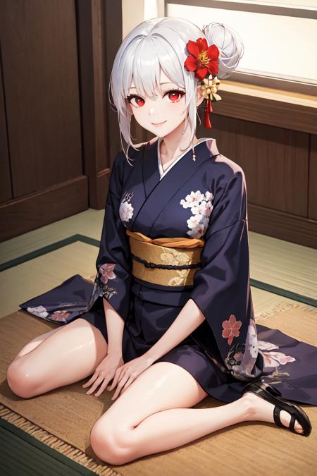 masterpiece, best quality, absurdres, perfect anatomy, 1girl, solo, white hair, hair bun, red eyes, indoors, kimono, hair flower, floral print, wariza, sitting, hands on own knees, smile