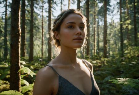 A photorealistic, 8k, HD, cinematic portrayal of a beautiful woman in the forest, crafted with Unreal Engine for epic composition. Utilize ultra-wide angle, deep depth of field, and hyper-detailed visual elements. The scene should be beautifully color-graded, showcasing intricate details and insane clarity. Emphasize editorial photography techniques with a focus on sophisticated depth of field (DOF) and precise white balance. Aim for a 32k super-resolution and rich ProPhoto RGB color space. Include VR-inspired perspectives and halfrear lighting to enhance the natural and moody lighting of the forest. The lighting should be a blend of natural, incandescent, and optical fiber sources, creating a cinematic, volumetric effect with accent lighting and global illumination. Pay special attention to optics, scattering, and glowing effects, with detailed shadows, shimmering rays, and ray tracing reflections. Incorporate chromatic aberration, GB displacement, and scan lines for added depth. Use advanced ray tracing ambient occlusion, anti-aliasing techniques like FKAA, TXAA, RTX, SSAO, and shaders (OpenGL, GLSL) for post-processing. The image should exude a hypermaximalist, elegant, and hyper-realistic vibe, with the woman in a dynamic pose, captured in an 8k resolution,