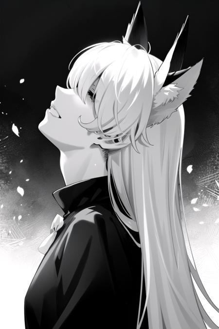 masterpiece, best quality, black and white, monochrome, kaneki_meme, hair over eyes, 1girl, long hair, white hair, animal ears, from side, looking up,  <lora:KanekiKenMeme:0.8>