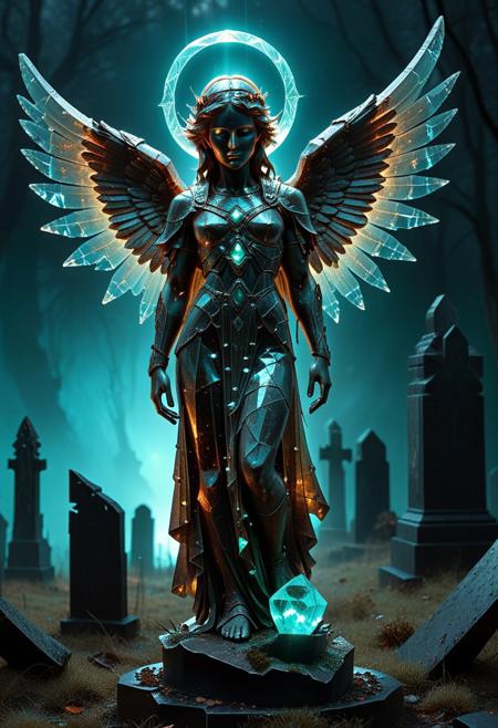 8k, Raw digital photo, dvr-rst, rp_slgd, a weathered angel statue made out of rusty bioluminescent crystals, standing in a foggy graveyard, spiky halo, moss and decay, glitch holographic, eerie blue green glow, an art deco, Soft Texture, Full Colour, 80mm, simple dark background,