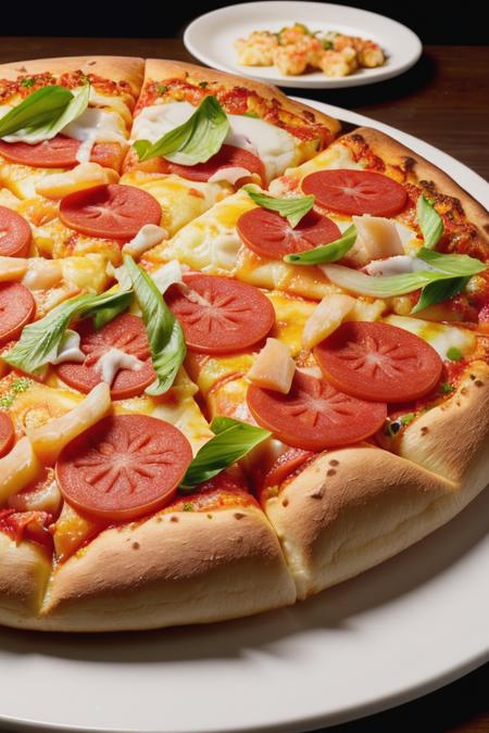 Photo of delicious looking Hawaiian pizza on table, photorealistic, hyper quality, intricate detail, masterpiece, 8k,