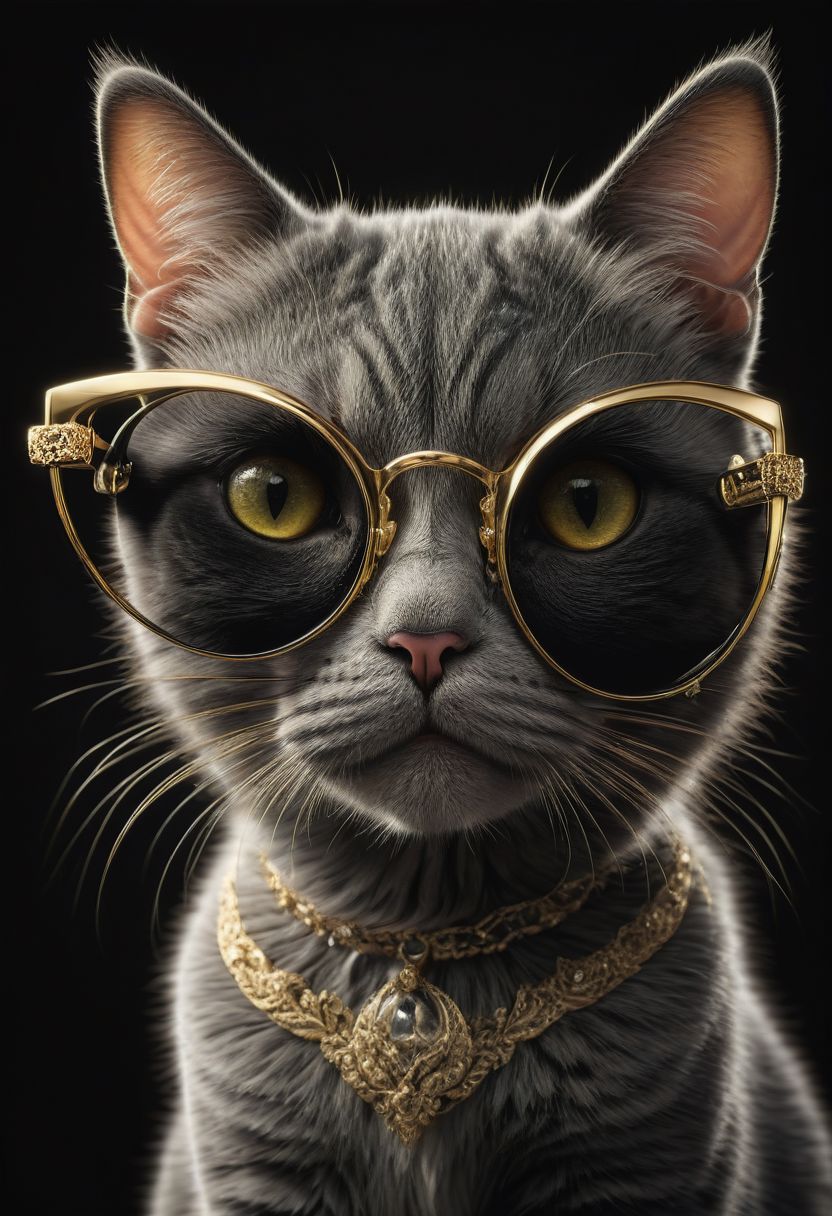 (best quality, 8K, high resolution, masterpiece), ultra detailed, (3D CGI), a beautiful pair of sunglasses, trendy, fashionable, gold, silver and black stylized Cat-eye shape, on a black background, countryside advertising, winning photo,