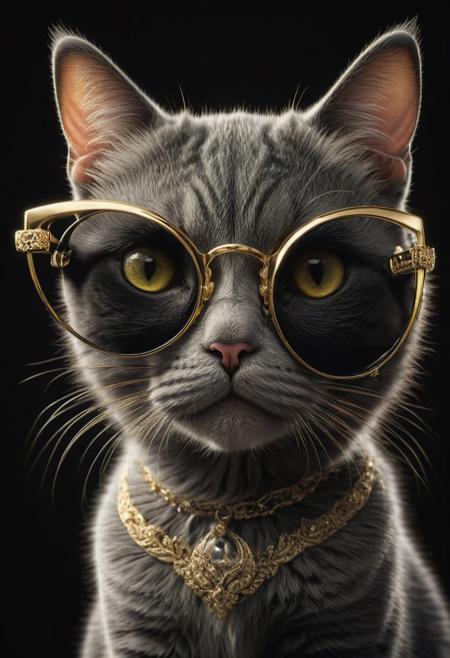 (best quality, 8K, high resolution, masterpiece), ultra detailed, (3D CGI), a beautiful pair of sunglasses, trendy, fashionable, gold, silver and black stylized Cat-eye shape, on a black background, countryside advertising, winning photo,