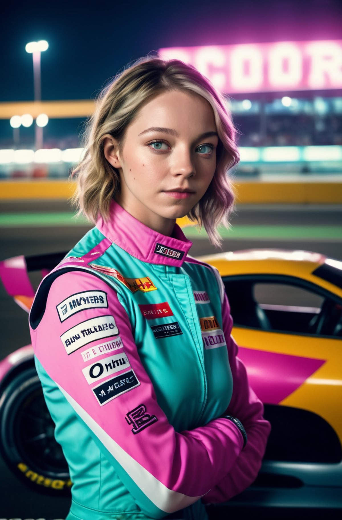 A photorealistic image of Emma Myers woman, in a a race suit, at the racetrack, sport car in the back, neon lit city skyli...