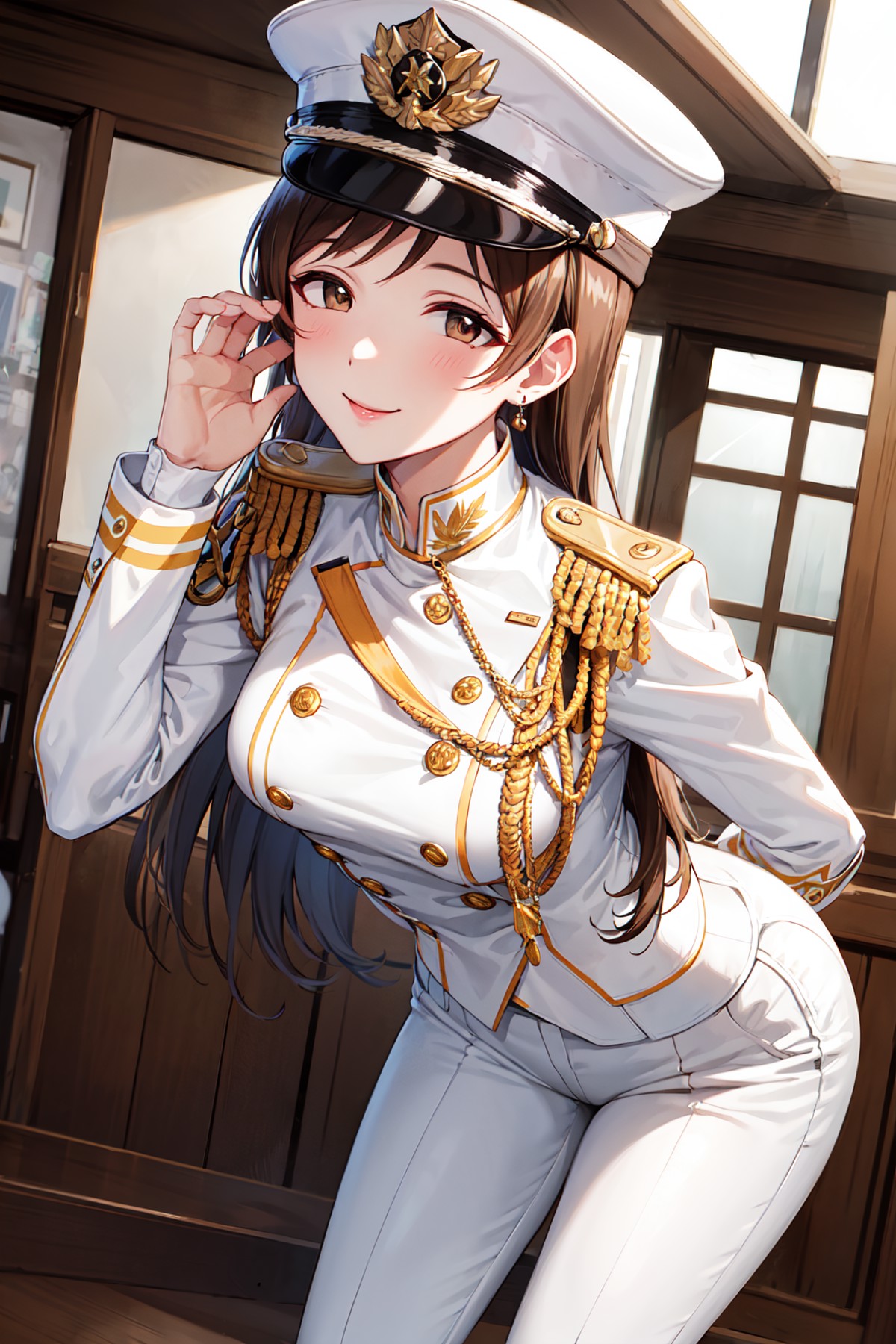 masterpiece, best quality, highres, aanitta, long hair, peaked cap, earrings, medium breasts, military uniform, epaulettes...