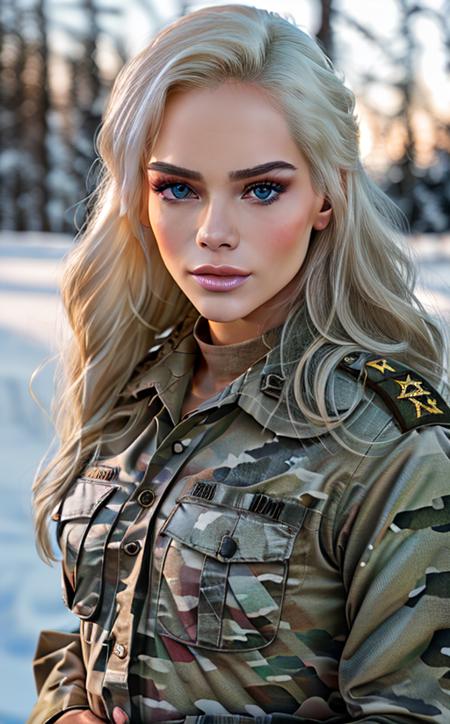 beautiful Elsa Jeans  posing as an army officer, photo referenced, highest quality, high quality, (detailed face and eyes), dusk lighting, high boots, strong makeup, industrial, outdoor snow forest background <lora:Elsa Jeans:0.9> close up