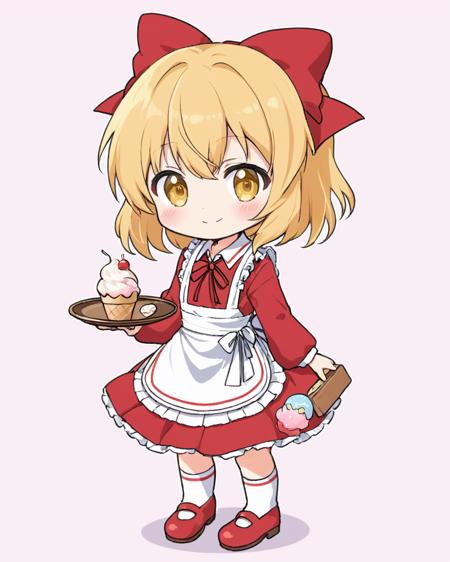 satsuki rin,1girl, chibi, hair_bow, red_footwear, solo, smile, long_sleeves, red_dress, red_bow, holding_tray, ribbon, white_apron, ice_cream, waist_apron, closed_mouth, full_body, white_socks, blush, frilled_apron, waitress, hair_ornament, white_shirt, striped, looking_at_viewer, twitter_username
<lora:satsuki_rin_image186_2023-12-11:1>,star-shaped_pupils,symbol-shaped_pupils,. gorgeous,key visual, vibrant, studio anime,award-winning, professional, highly detailed,high budget, cinemascope