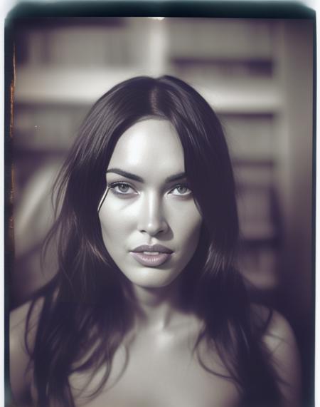 MeganFox, art by Théophile Schuler, photograph, beefy Woman, Bookbinder, Hurricane, Hyperpunk, film grain, Polaroid, Low shutter, Infrared, extremely beautiful, <lora:MeganFoxSDXL:1>