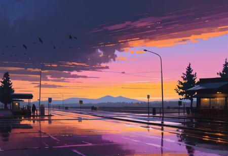 The image is a captivating digital painting titled "Horizon" by Alena Aenami. It depicts a serene yet evocative scene of a roadside cafe at dusk. The sky is a breathtaking gradient of warm colors, ranging from soft oranges and yellows to deep purples, with dramatic clouds painted in sweeping, expressive strokes. The reflection of the vibrant sky is mirrored on the wet pavement, creating a beautiful interplay of colors and light. In the distance, the silhouettes of pine trees line the horizon, adding depth to the scene. Birds are seen flying in the sky, and the cafe, with its simple sign, stands quietly by the empty road, inviting a sense of peaceful solitude and contemplation.