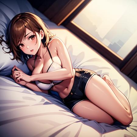 1girl, (masterpice:1.3), highres, high-detailed, high quality, (solo), 4k, cg, pixiv, detailed face, dynamic light,  intense shadows, intricate_details, <lora:Nobara-09:0.6>, brown hair, short hair, brown eyes, large breasts, white bikini,  full body, shorts, lying on bed