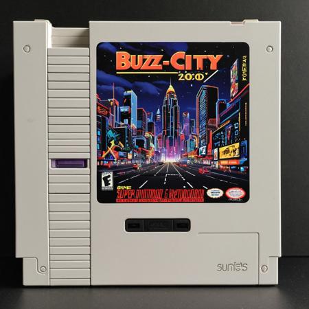 This is a photograph of a boxed copy of "BUZZ City 2000," video game. The box is predominantly black with gold, white, and red accents. The front features a stylized, futuristic cityscape with vibrant, neon colors. The title "BUZZ CITY 2000" is prominently displayed in bold, white letters. The box includes a Super Nintendo Entertainment System (SNES) logo in the bottom left corner. The background of the image is plain white.