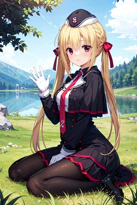 masterpiece, best quality,arihara nanami,nanami lv6, blonde hair, red eyes, 1girl,long hair, black pantyhose,white gloves,black hat, twintails, red necktie,red hair ribbon,black capelet, bangs,black boots,  <lora:å¨åä¸æµ·V2:0.72>,wariza,waving,outdoors, lake,grass