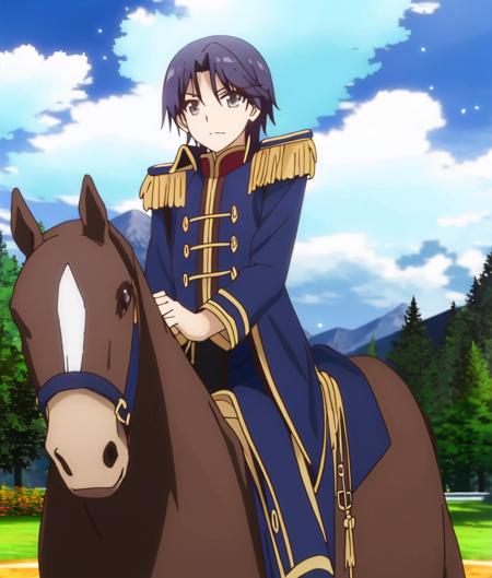 Abel, solo, 1boy, riding horse, beautiful eyes  , screenshots, cowboy shot, detailed background, pants,  epaulettes, day, cloud
 <lora:tearmoon_ep01_lohad8_attn-mlp:1>