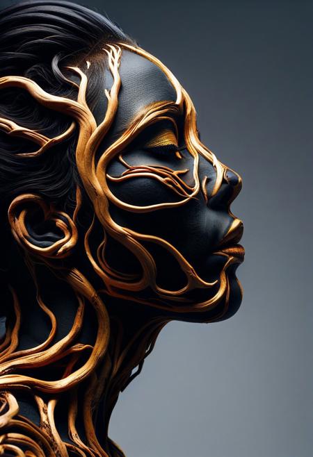 PG-TR,(film grain),ultrarealistic 4k,photoart_style, vivid, minimalist, beautiful black face, golden make-up,side view profile,realistic, Wide angle lens, high contrast, dark black tone,Cinematic Lighting, movie-level texture, hand-painted details, epic, meticulous,perfect composition, dynamic play of light, rich colors, epic shot, perfectly quality, natural textures,high detail, photoshadow, (natural colors, correct white balance, color correction, dehaze),(intricate detailed), YurYuna