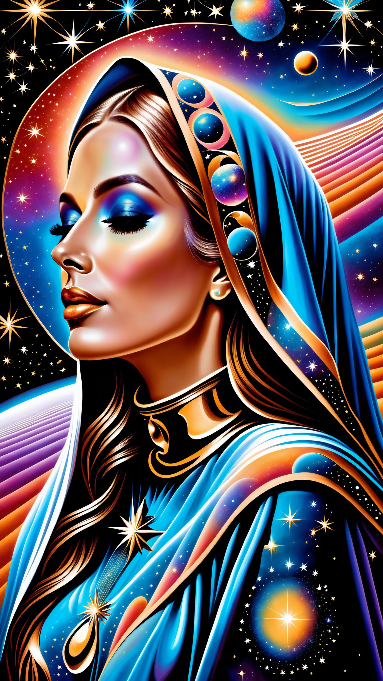 A digital painting of a woman wearing a blue head dress, necklace, and earrings.